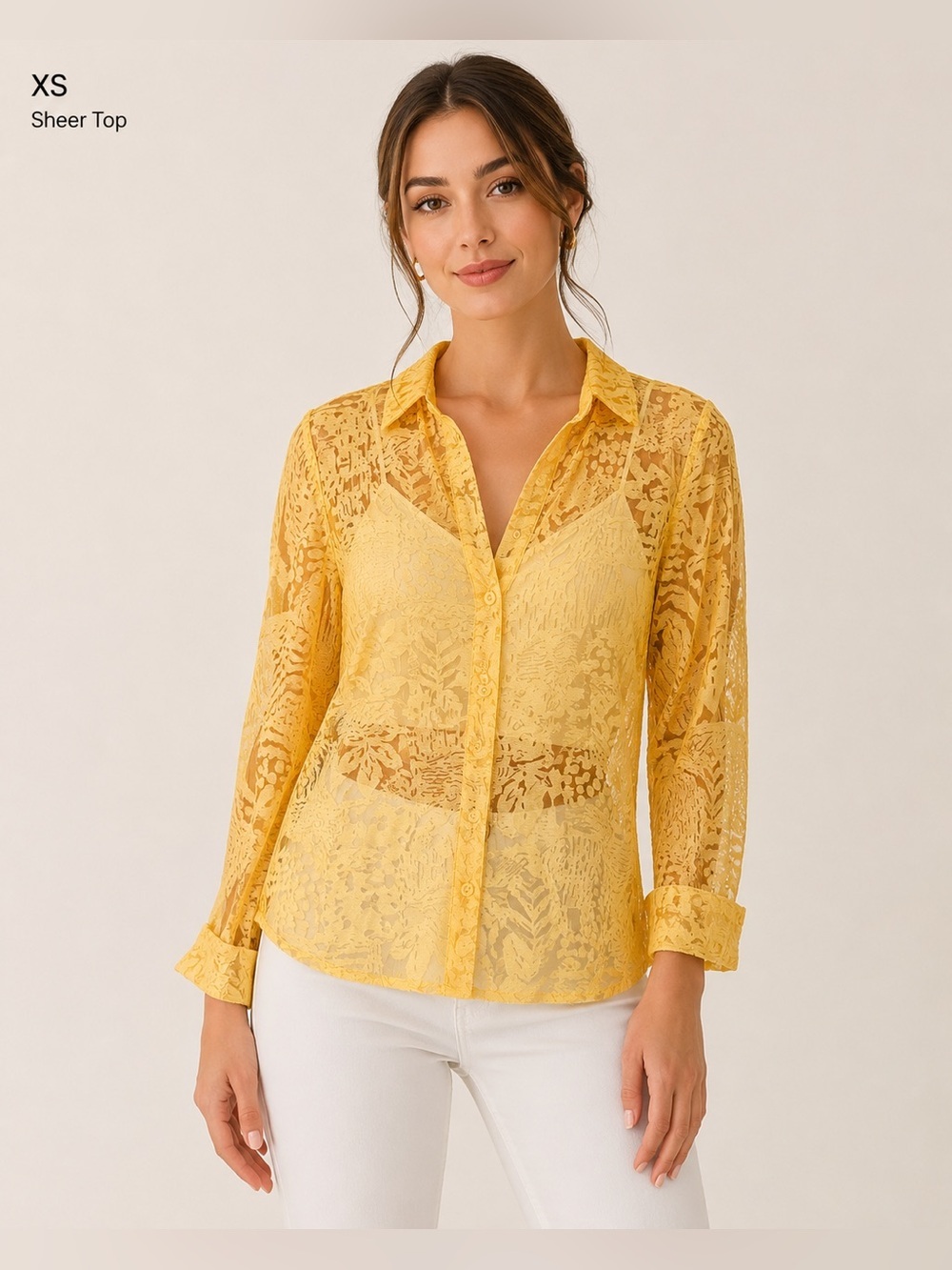 Susan Graver Yellow Sheer Lace Button-Front Blouse XS